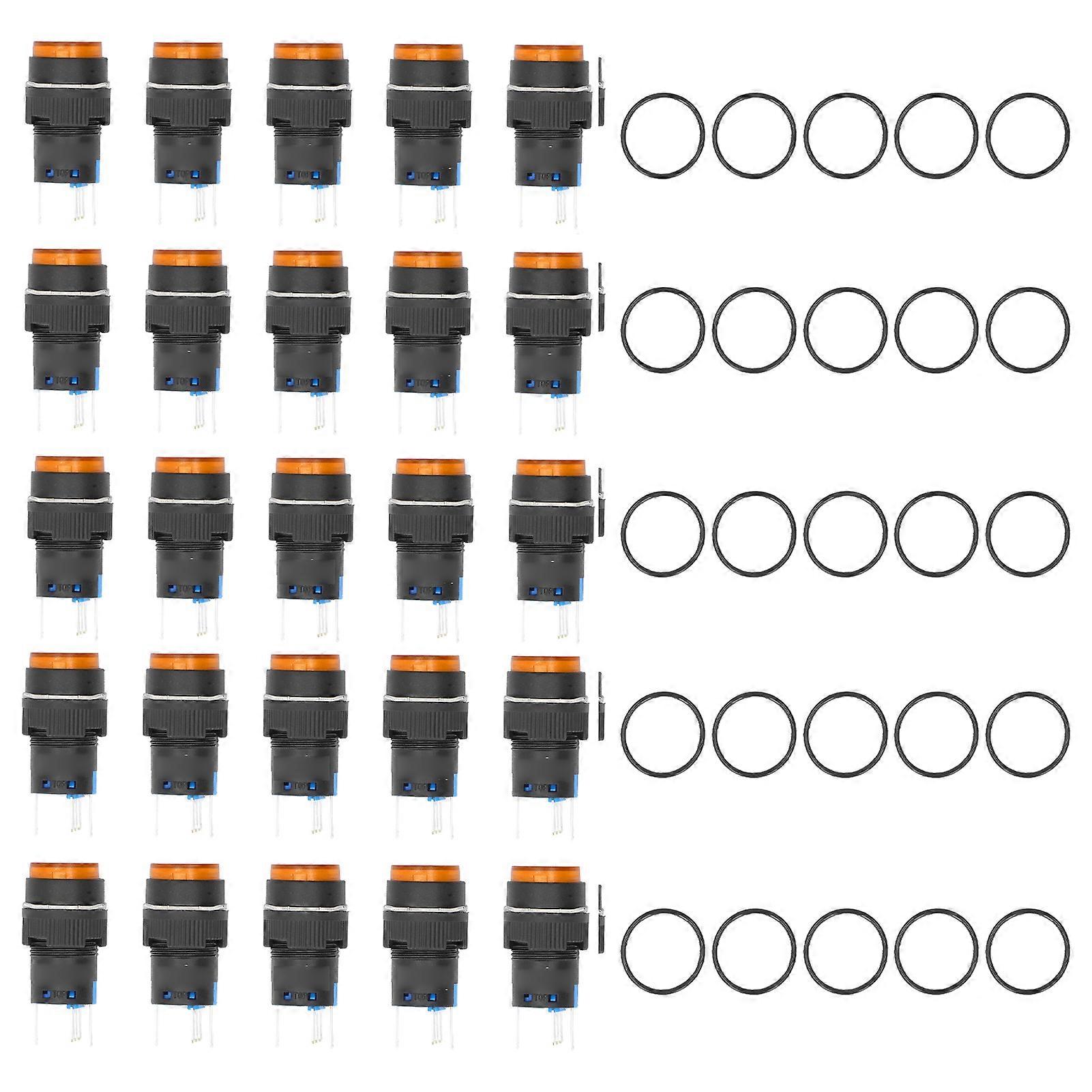 25Pcs Button Switch Momentary Self Locking 5 Pin 16mm with Light 24V Set Kit for EquipmentYellow