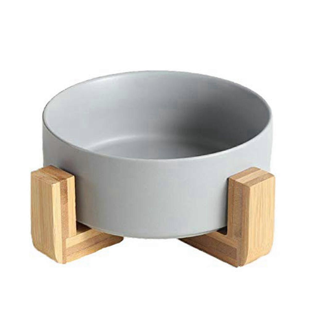 Ceramic Round Dog- Bowl with Wood Stand,Durable Food Water Elevated Dish for Pet,Bowl with Stand,Fo