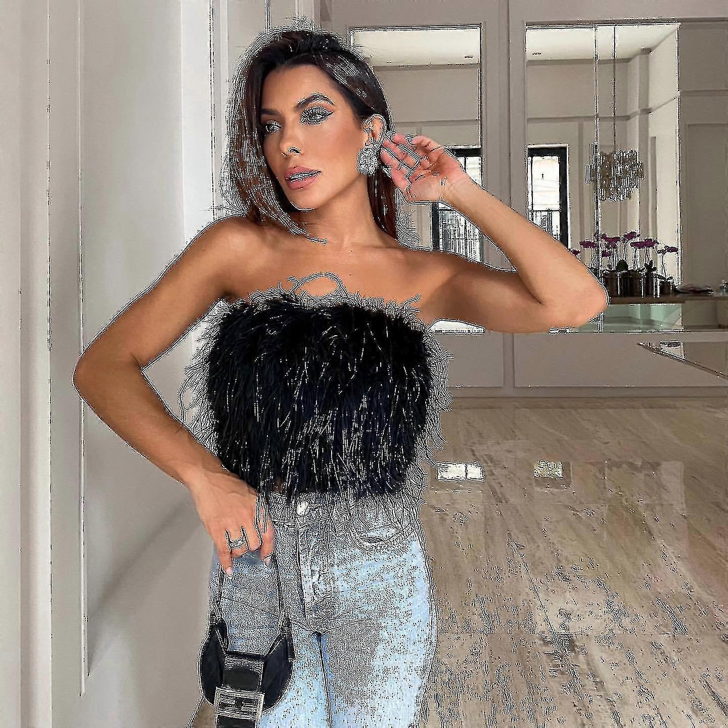 1 Pc Mode Femmes Fluffy Fur Smocked Top Versatile Feather Top Vêtements