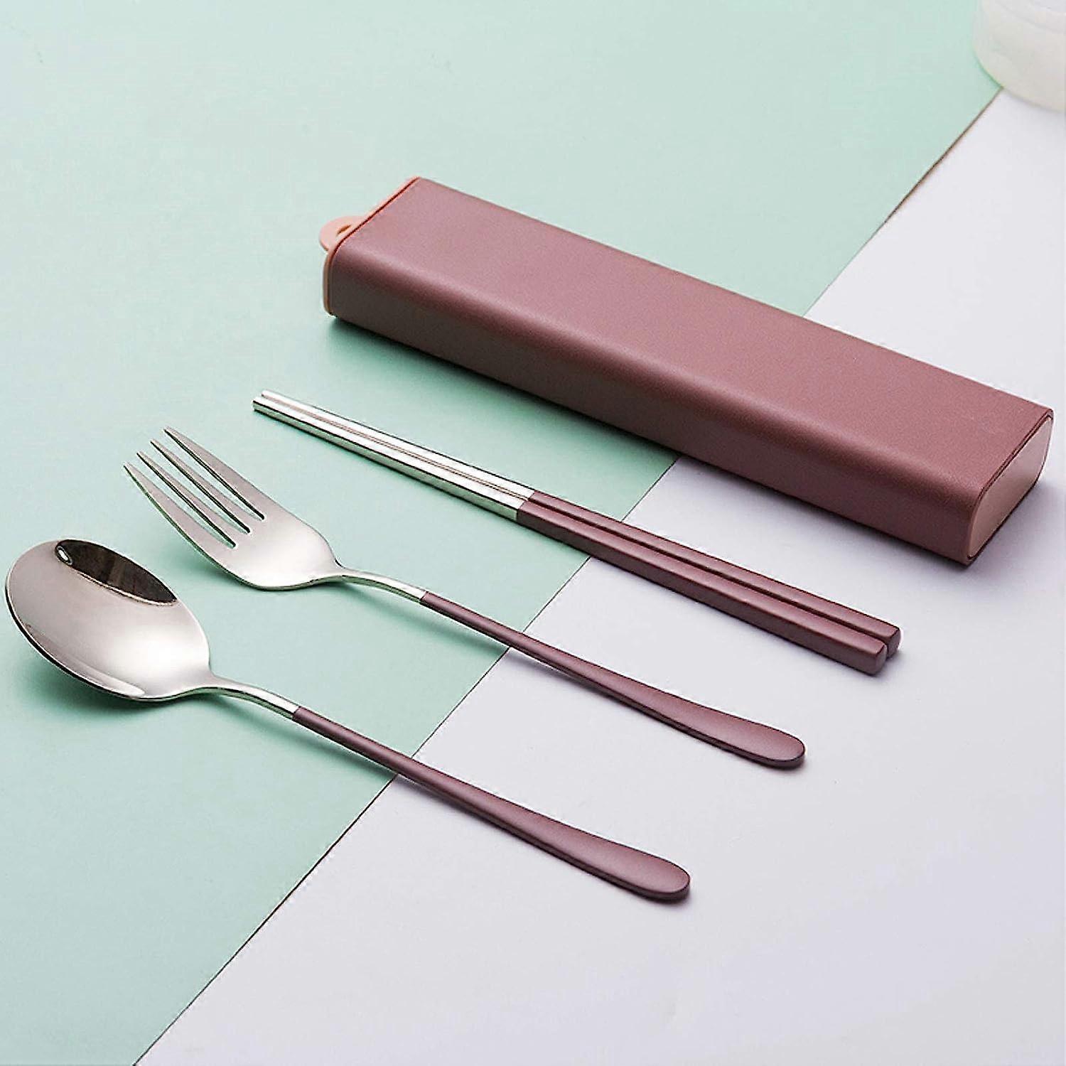 Portable Camp Reusable Flatware, Include Fork Spoon Chopsticks With Case, Portable Flatware Set Travel/Camping/Daily Cutlery Set With Travel.reddish b