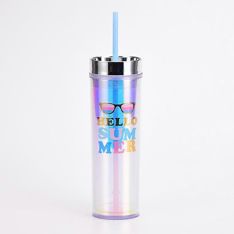 Baicccf 16oz plastic straw cup creative straight body water cup magic color electroplating lid doubl