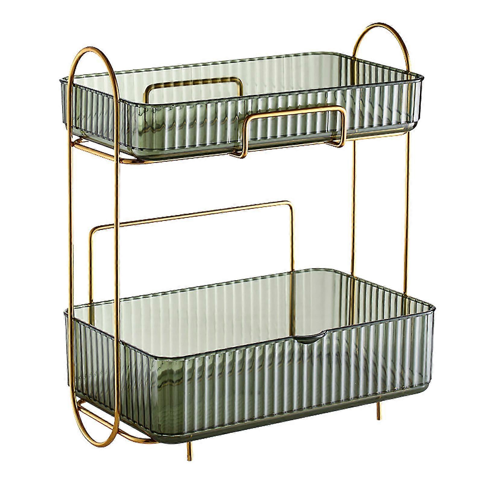 Large Capacity 2-Layer Bathroom Counter Organizer with Removable Box - Light Luxury Green