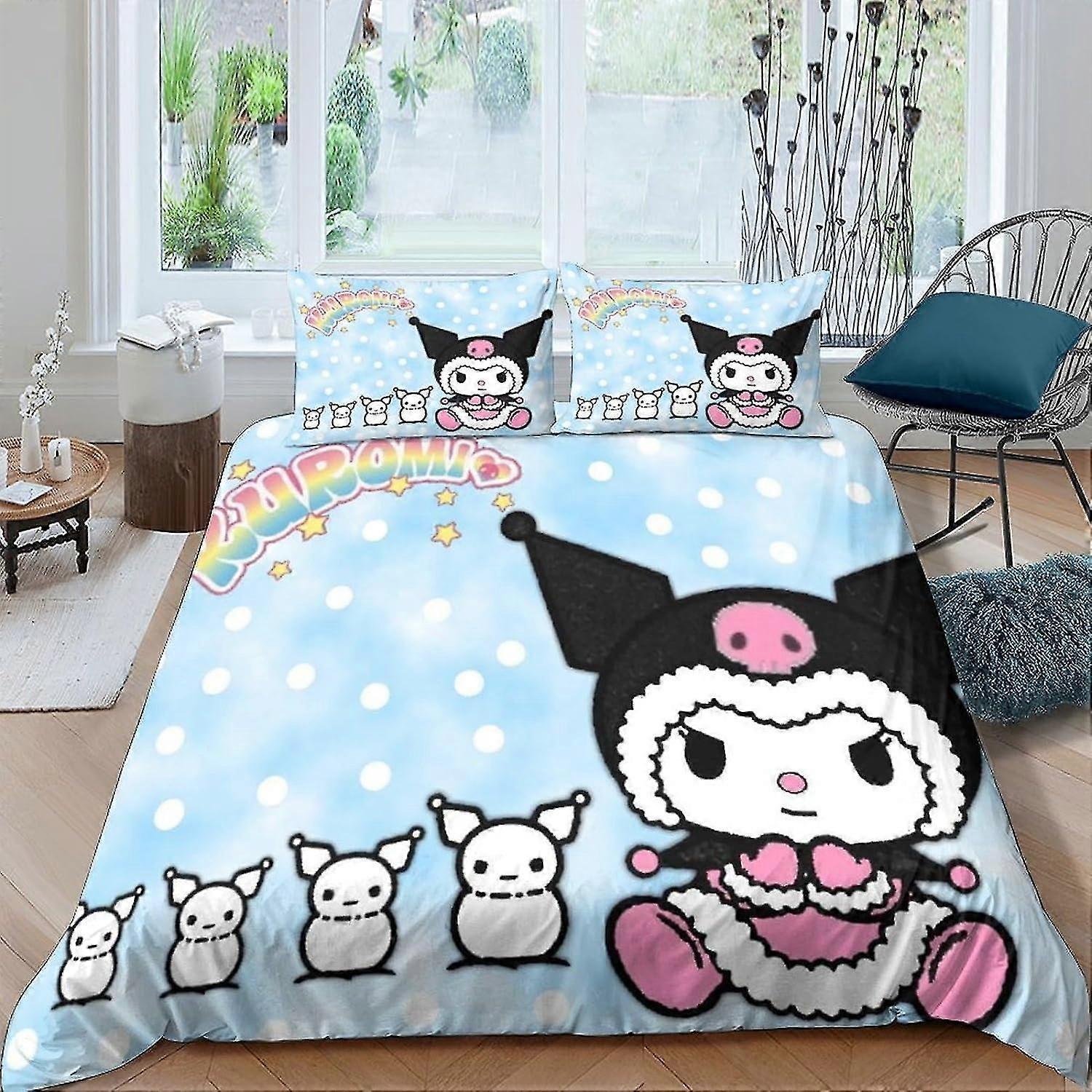 o3758 Lençóis Kuromi Capa de Edredom Impresso em 3D Personagens de Anime para Meninos Meninas Capas de Edredom Capa de Colcha Conjunto de Cama Microfibra Macia com Zíper C