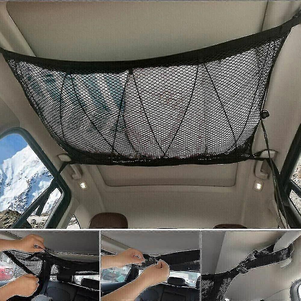 車の屋根天井カーゴネットメッシュ収納バッグポーチポケットSUVバンキャンピングカー90x60cm