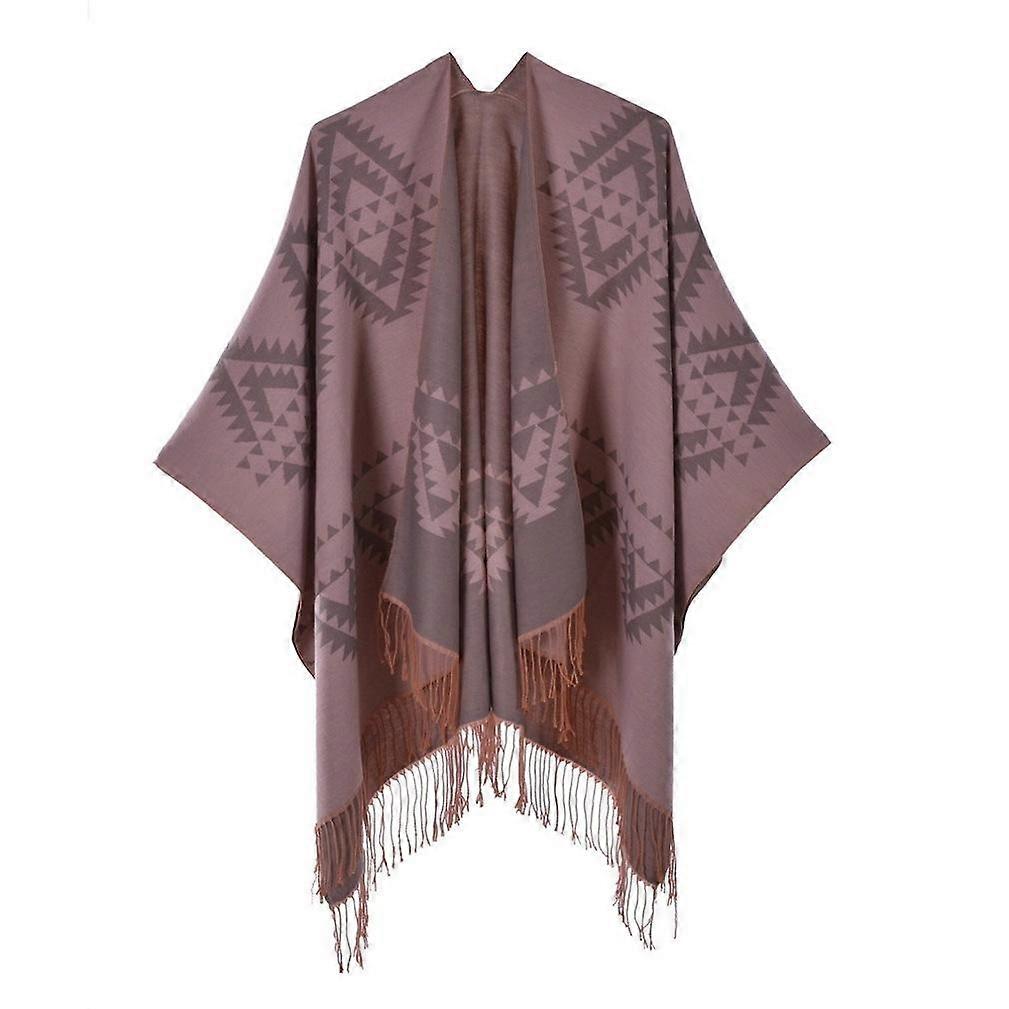 Fringed Hem Pashmina Shawl Wrap Winter Warm Ethnic Style Poncho Open Front Cape with Geometric Pattern for Lady