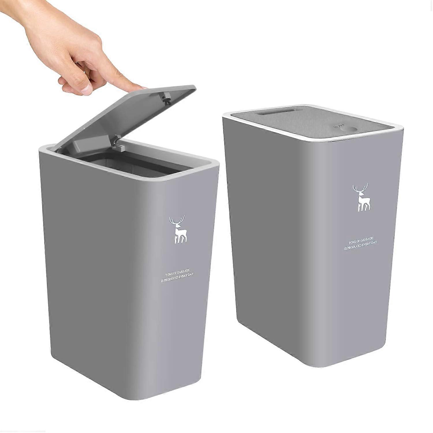 2er-Pack 4 Gallonen/15 Liter Mülleimer mit Druckaufsatz, Mülleimer aus Kunststoff, Mülleimer für das Badezimmer|Küche|Schlafzimmer|Büro|Wohnzimmer (grau)