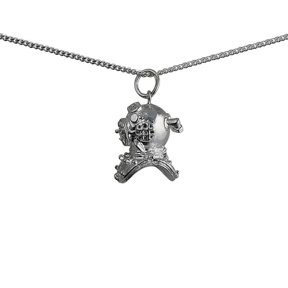 Silver 17x11mm Deep Sea Divers Helmet Pendant with a curb Chain 18 inches