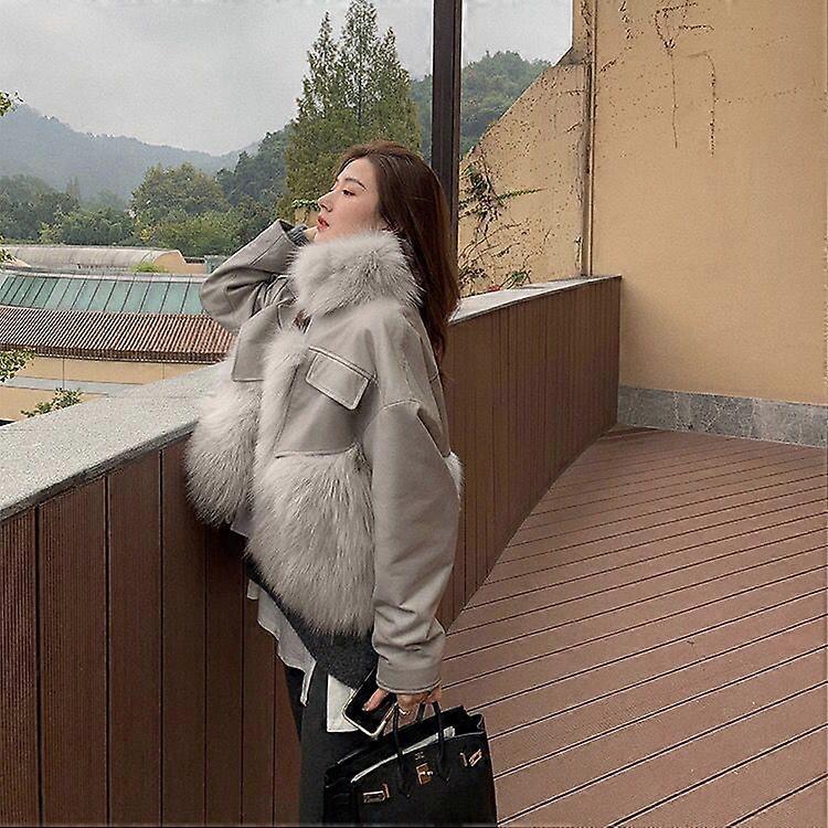 Chic Faux Fur Coat with Leather Patchwork for Women - Perfect for Autumn and Winter