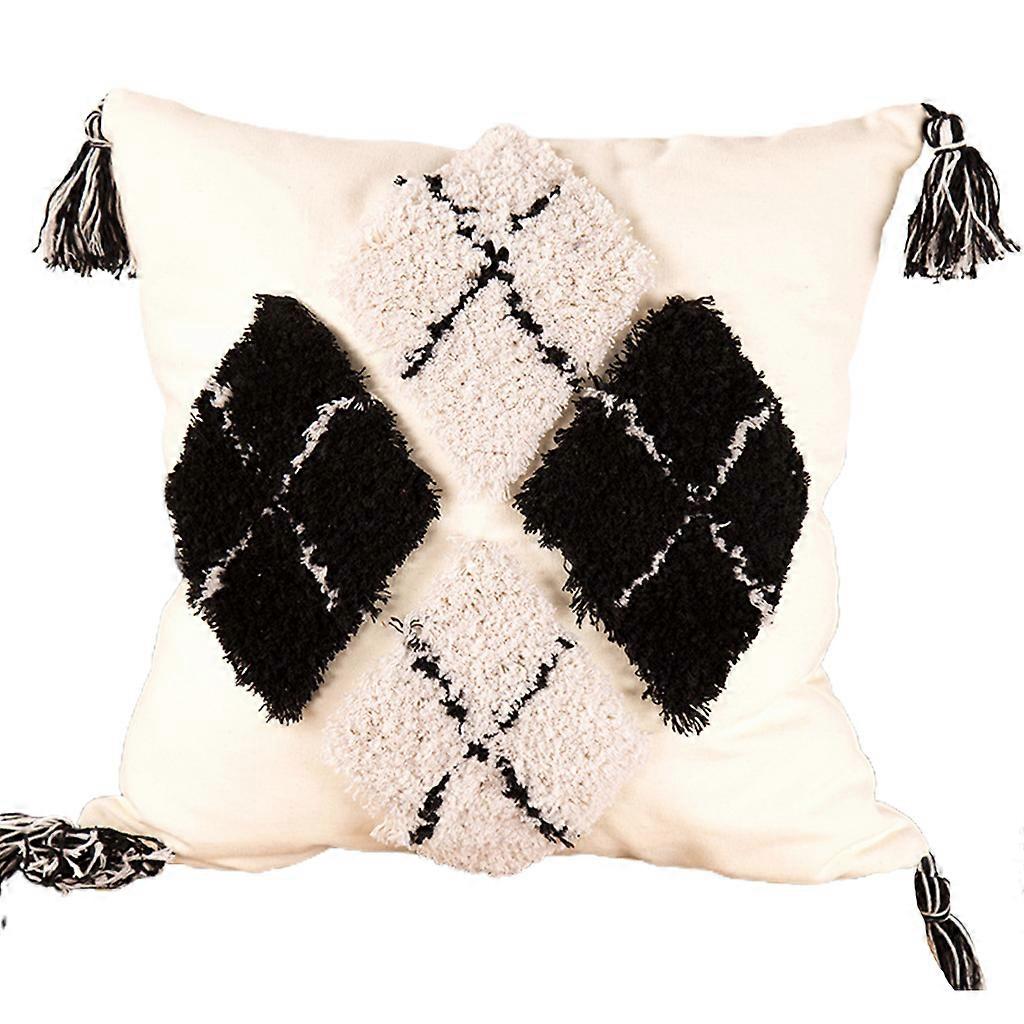 Boho Woven Tufted Black White Throw Pillow for Case Morocan Textured Plaid Striped Geometric Pattern Square Cushion Cove B