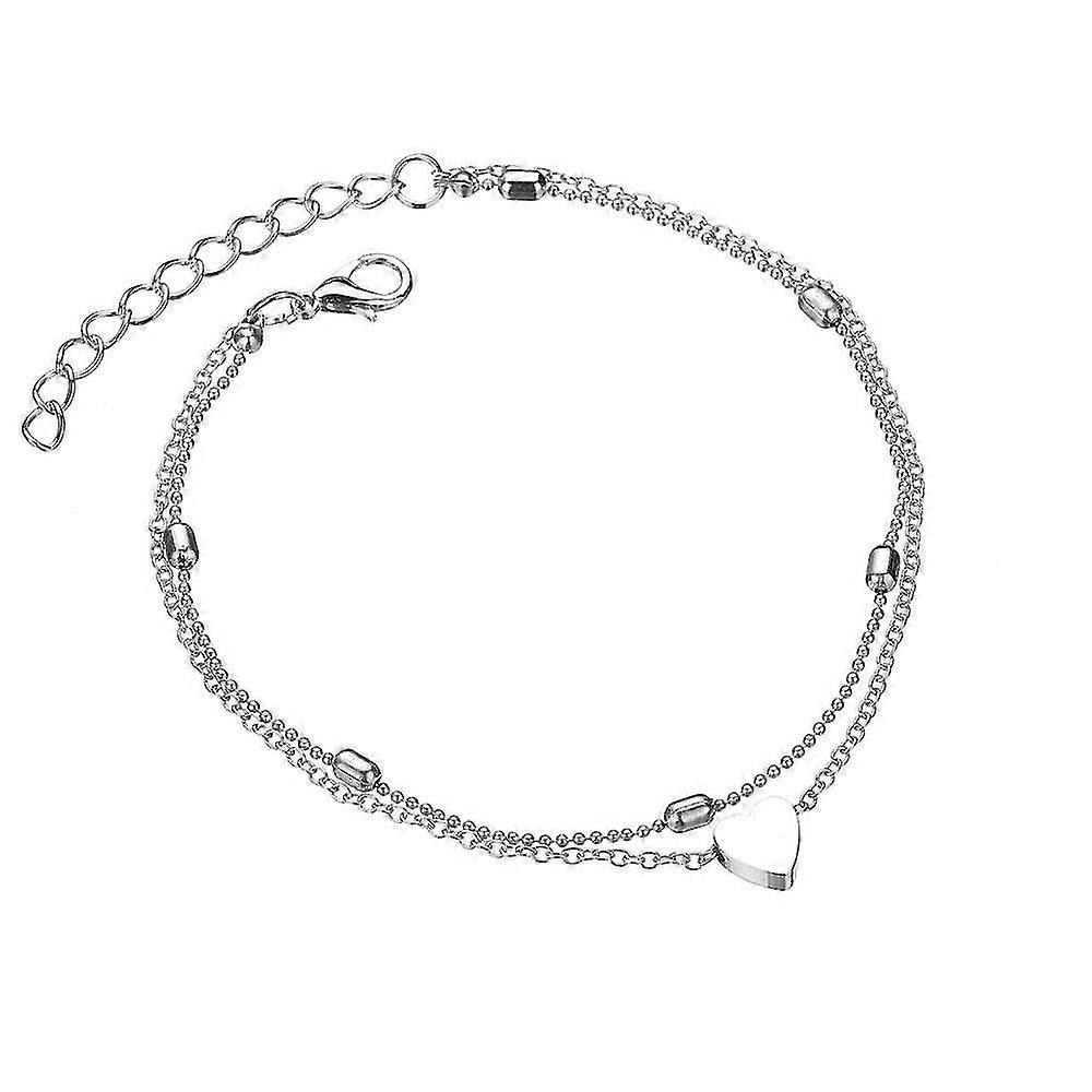 Anklet, Double - Layered Design with Beads and a Heart - Shaped Charm, Adjustable Length for a Perfect Fit