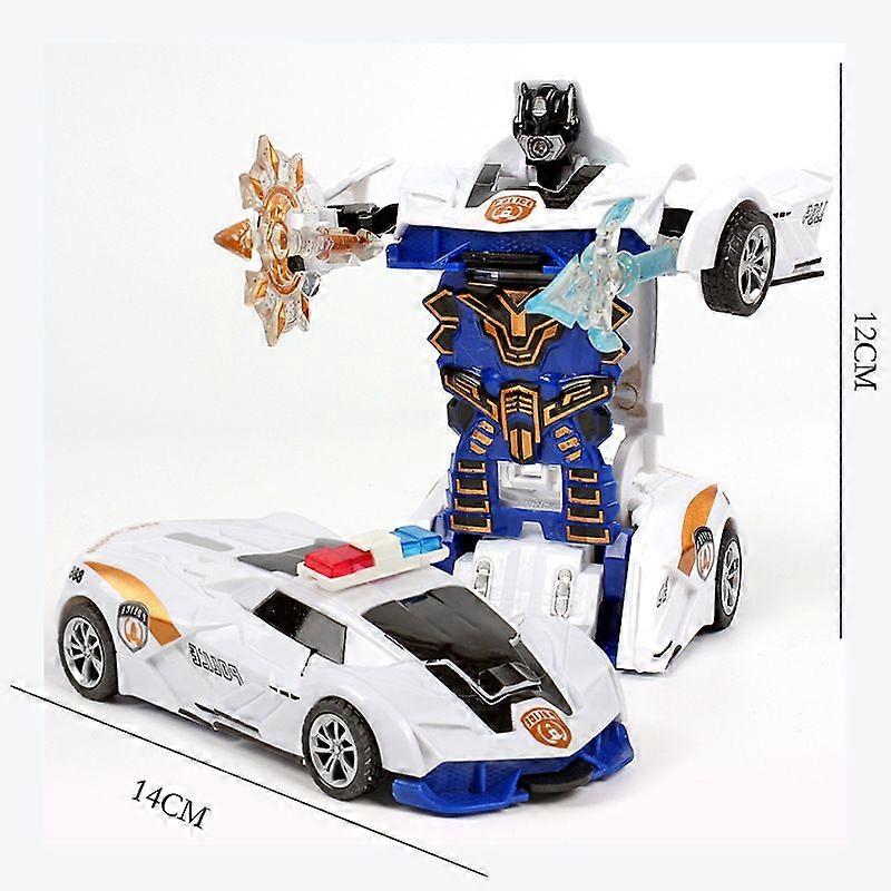 (Two Pieces) Collision Deformation Toy Car Autobot Robot Inertia Impact One Button Deformation Car Boy Gift (New Rambo Police Car White - Color Box)
