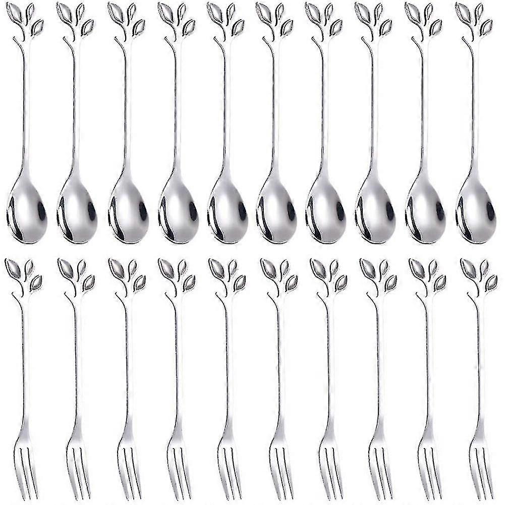 Dessert Spoon Fork Set,20 Pcs 4.7 Inch Cake Fork,coffee Spoon, Silver Leaf Fruit Fork,(10 Spoon + 1