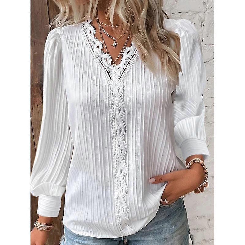 Spring Autumn Long Sleeved V-neck Lace Splicing Shirt Office Fahsion Long Sleeve Blouse Female Loose Plus Size Casual Solid Color Women's Clothing