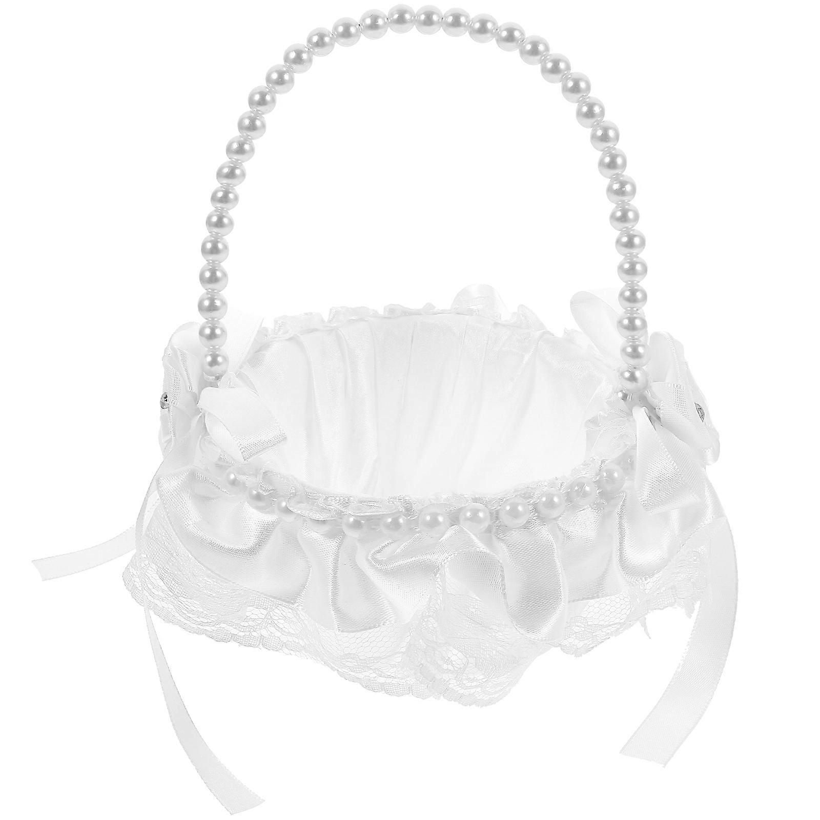 Elegant White Flower Girl Basket with Pearl Handle and Lace Bow, Multi Functional Handheld Storage for Weddings and Special Events