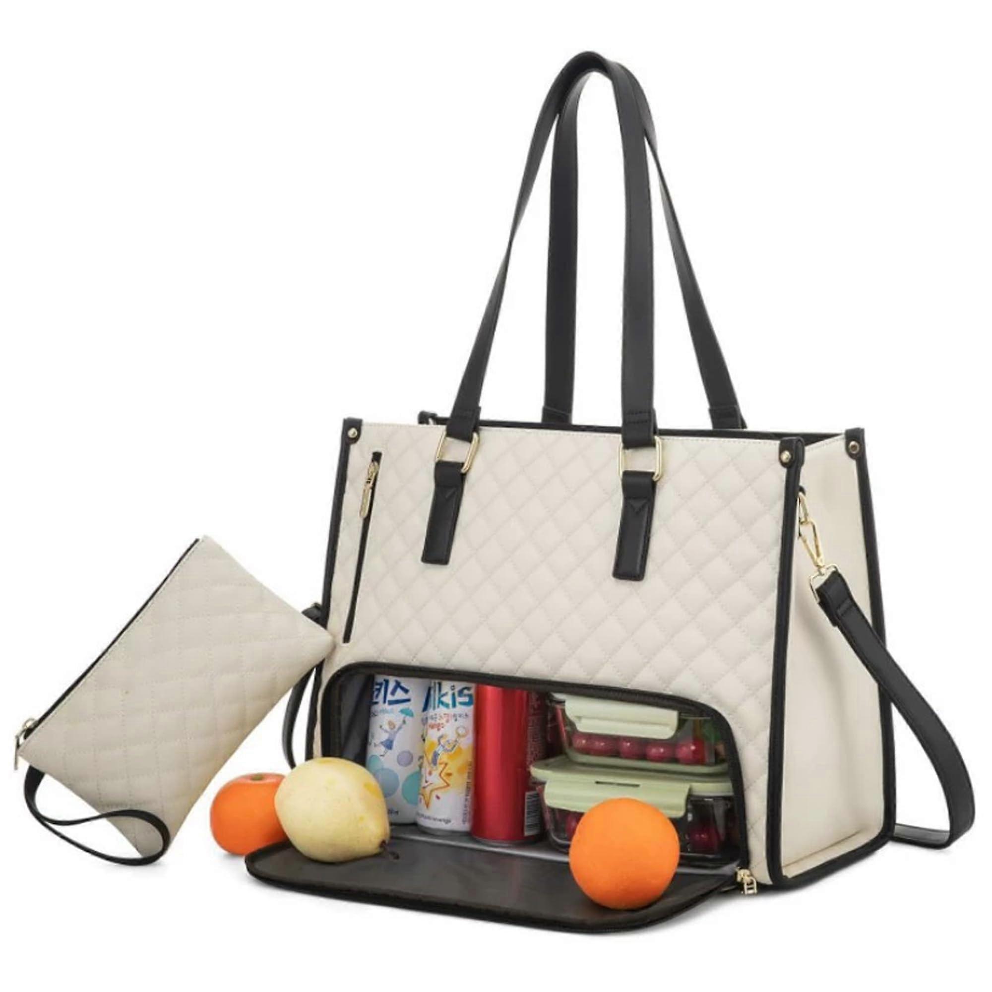 2 in 1 Tote Bag/Lunch Bag, Leakproof Insulated, Large Work Tote with Lunch Compartment, Beige