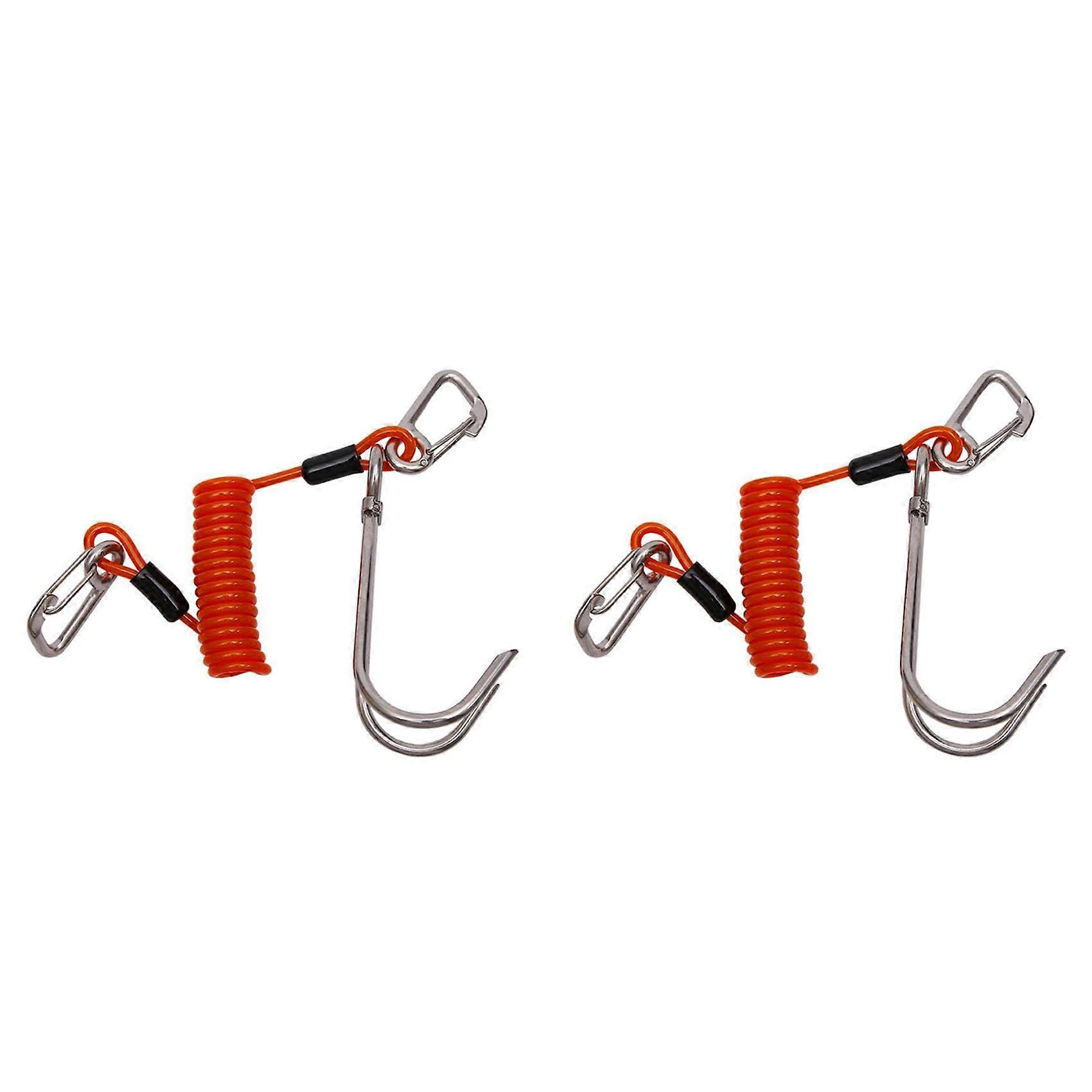 Double Head Rafting Hooks 2-Pack - Stainless Steel Reef Hooks, Spiral Spring Cord, Diving Safety Accessories, Orange