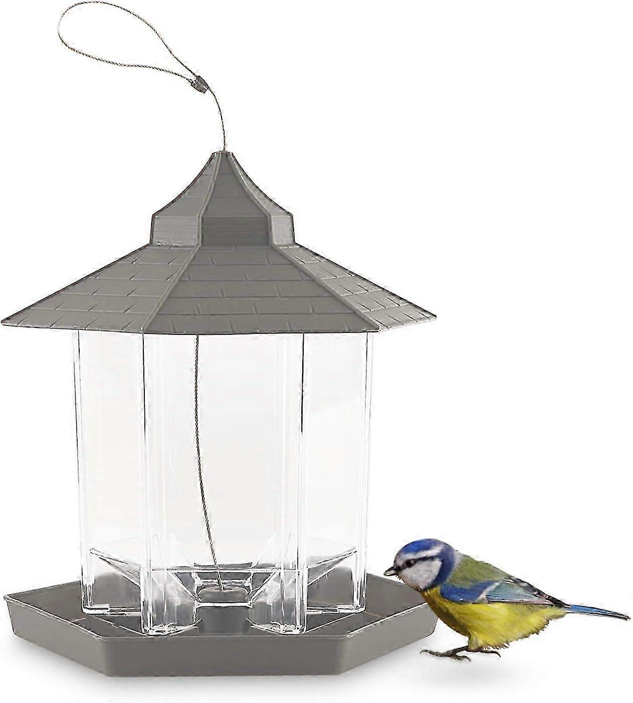 Fuglefoder, udendørs fuglefoder, hængende fuglefoder, vandtæt sekskantet have med stor kapacitet hængende vildfuglefrøfoder (grå)