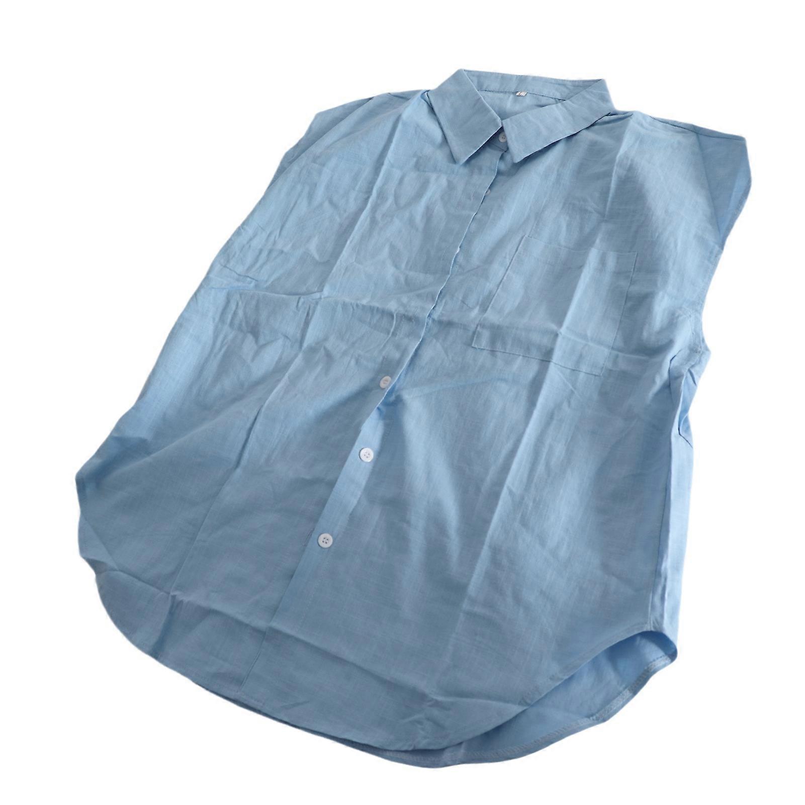 Single Breasted Blouse Button Front Pure Color Turn Down Collar Short Sleeved Blouse for Women Summer Blue L