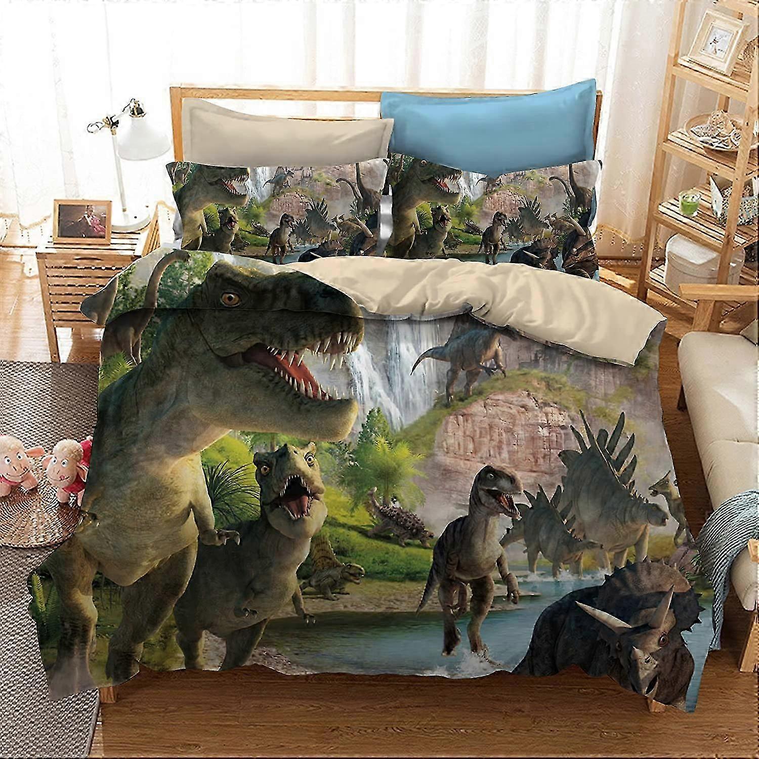 dinosaurie sängkläder set jurassic ålder t-rex raptorer påslakan och örngott set barn pojkar sovrum dekoration sängset mikrofiber tyg ingen täcke-twi