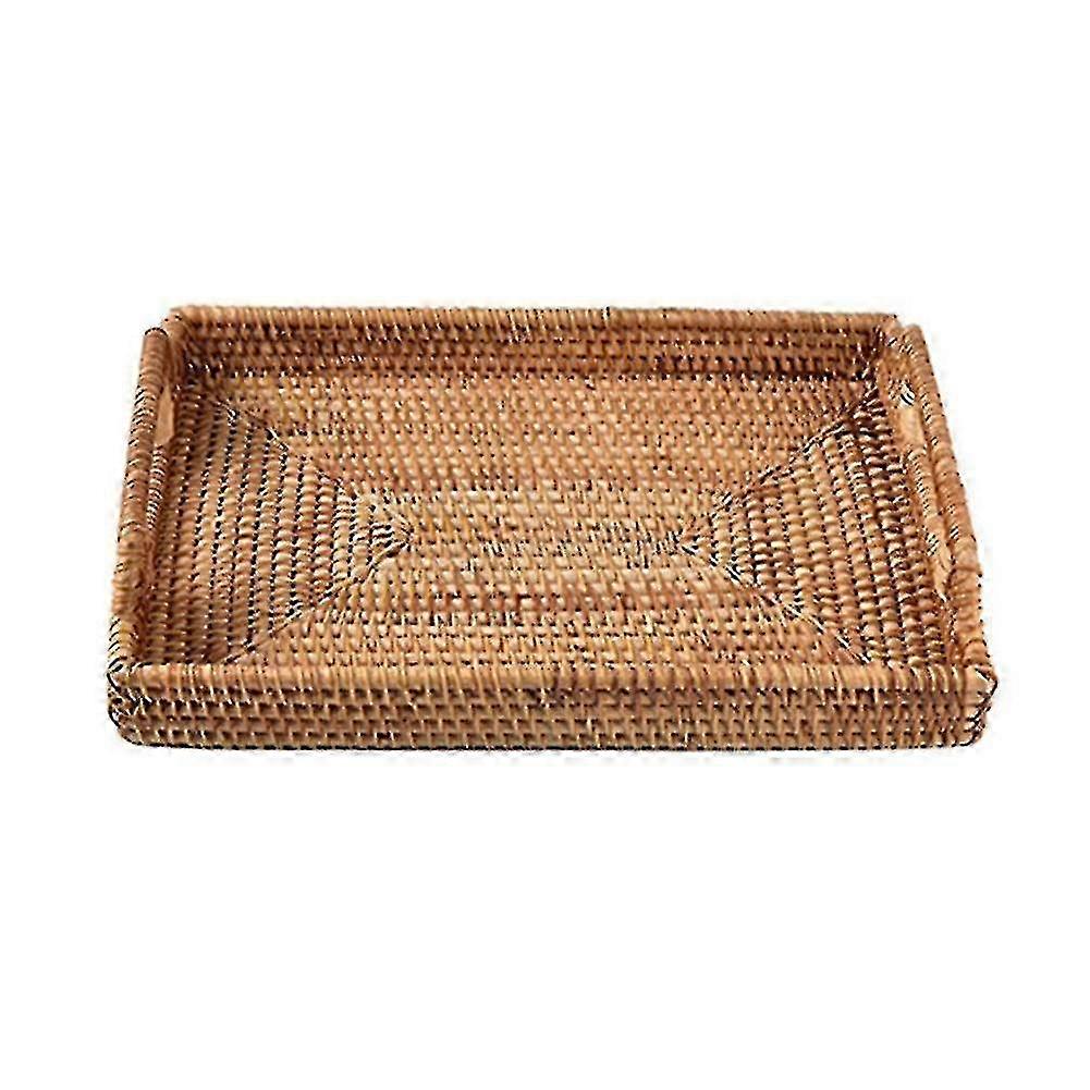 Handwoven Rattan Storage Tray Square Basket with Handle for Bread Fruit Cake