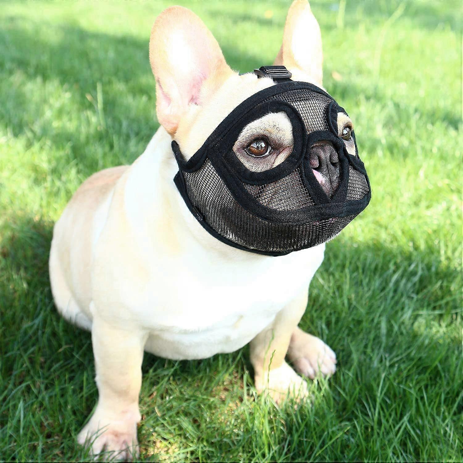 ShortSnouted Dog Muzzle for Bulldogs – Adjustable Breathable Mesh Cover – Black