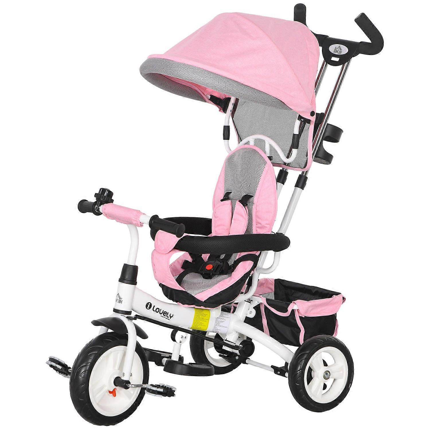 6-in-1 children's tricycle with boot bar, roof, belt, storage basket, for 1-5 years, pink
