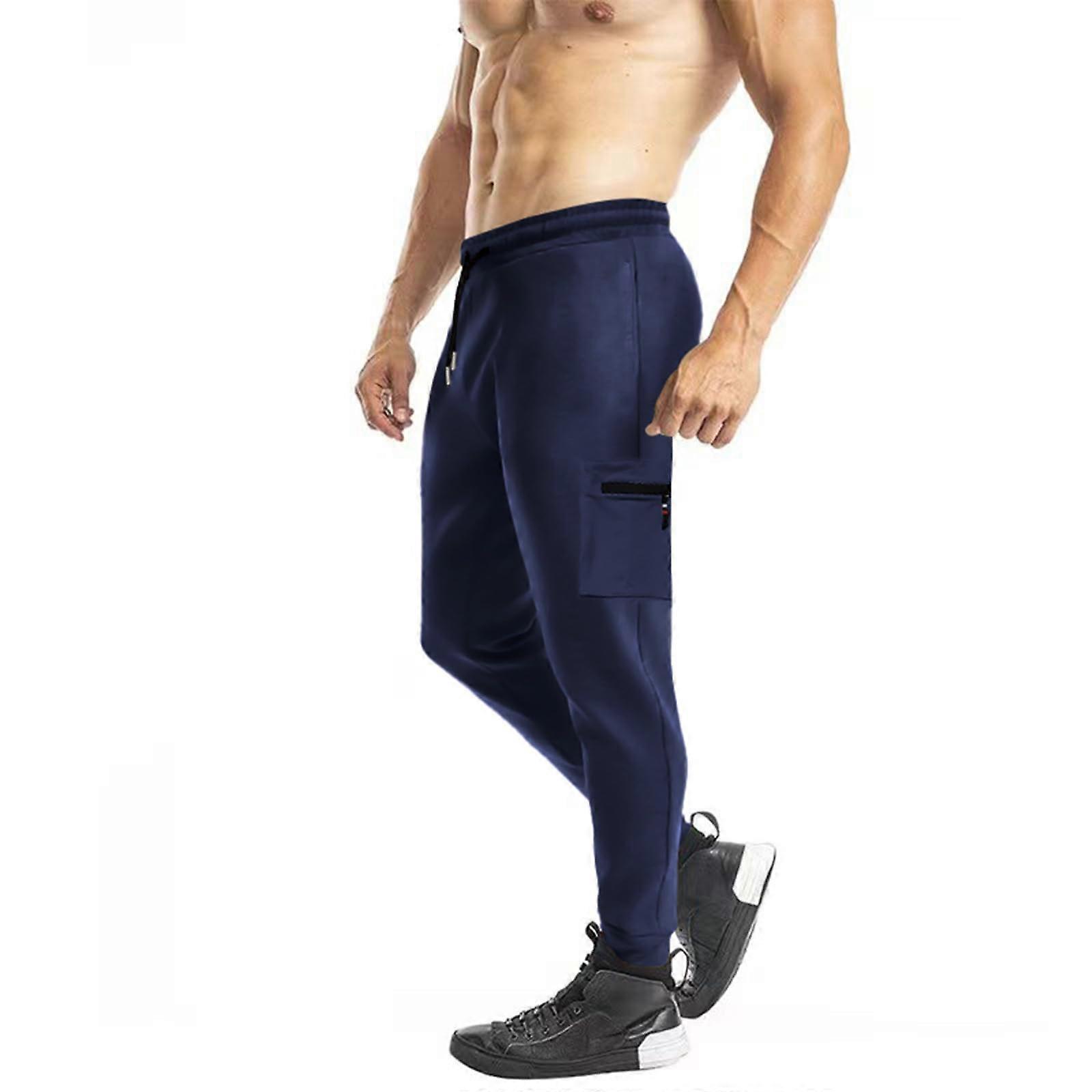Men's Cotton Jogging Bottoms Cargo Trousers with Pockets Relaxed Fit Sports Pants for Hiking in Navy Size S