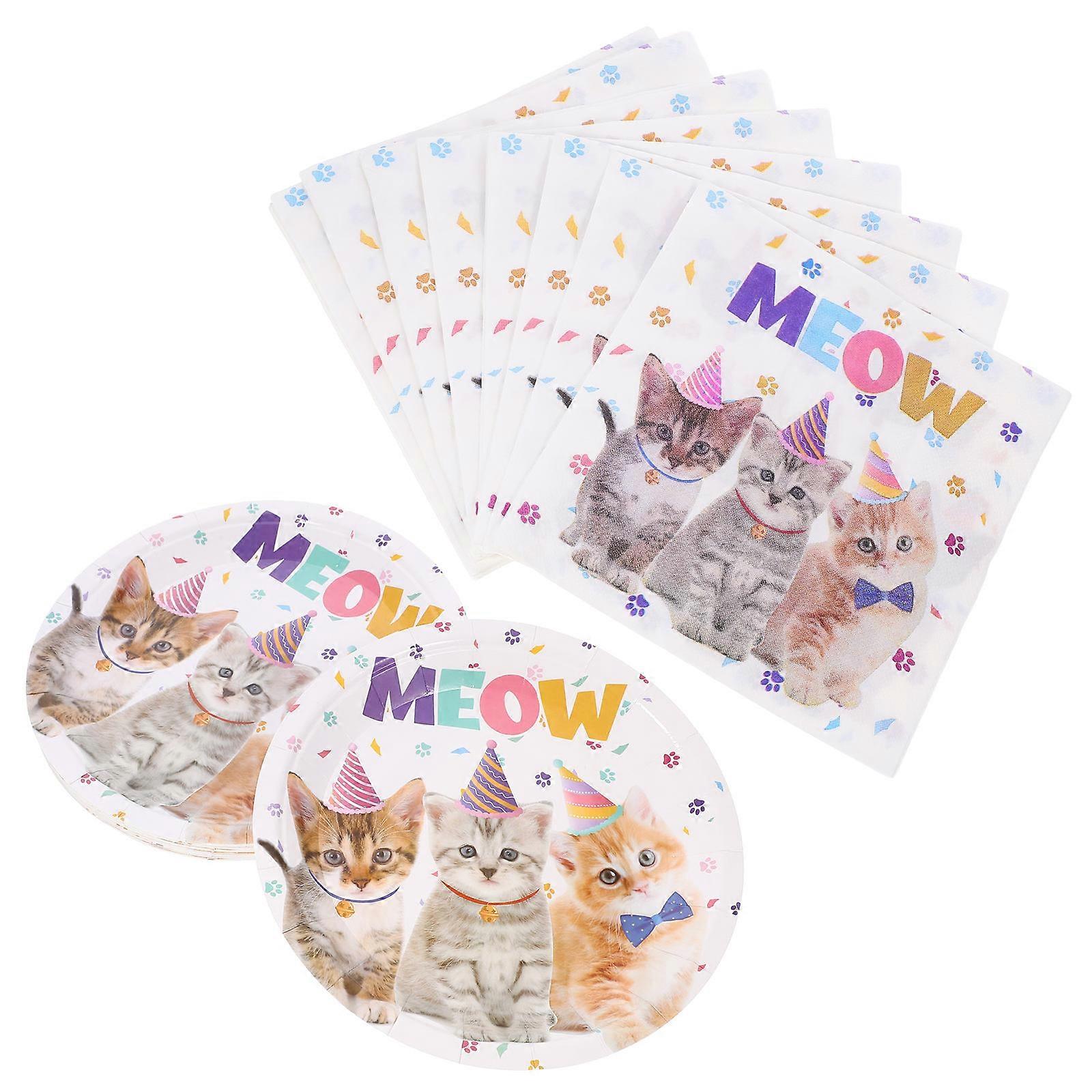 Cat-themed Birthday Party Decorations Paper Plates Napkins 12.97x12.97 Inches Square Multi Cleaning 1 Set (40Pcs)