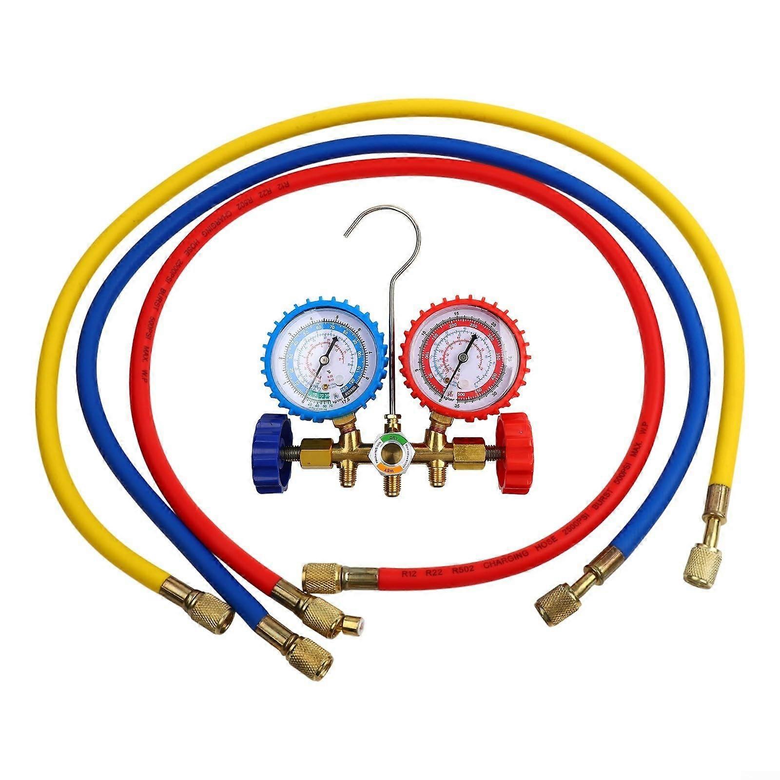 3hose manifold gauge set for air conditioning maintenance, compatible with R134, R12, R22, and R404.