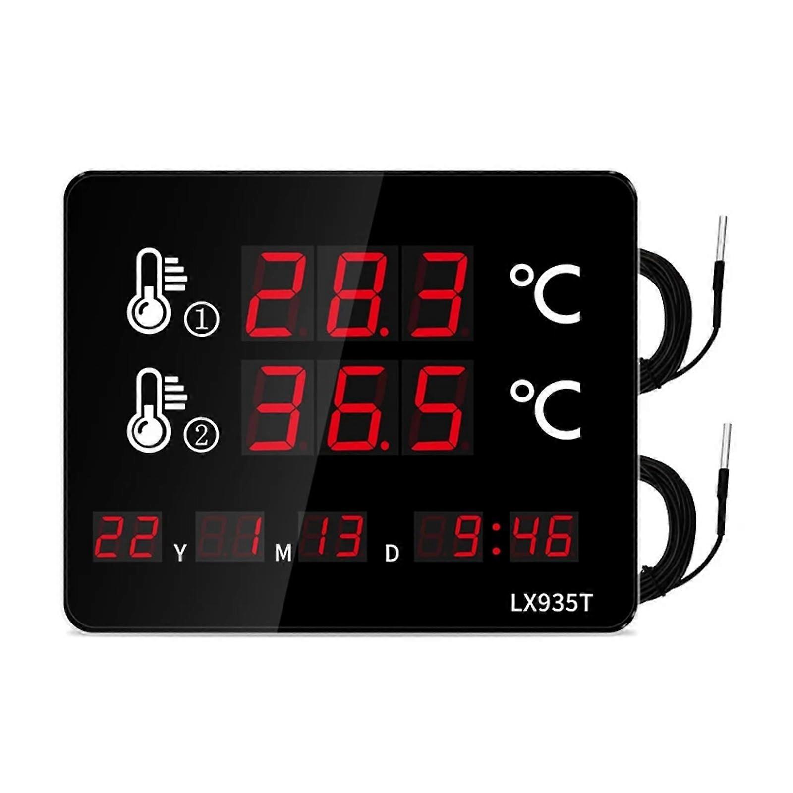Digital water thermometer with dual waterproof probe, quick reading for pool, aquarium, home fish tank, wallmounted LED time display Lx935tmb