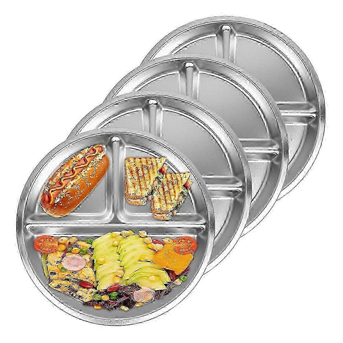 4-Pack 8-Inch Stainless Steel 3-Section Round Divided Plates for Portion Control
