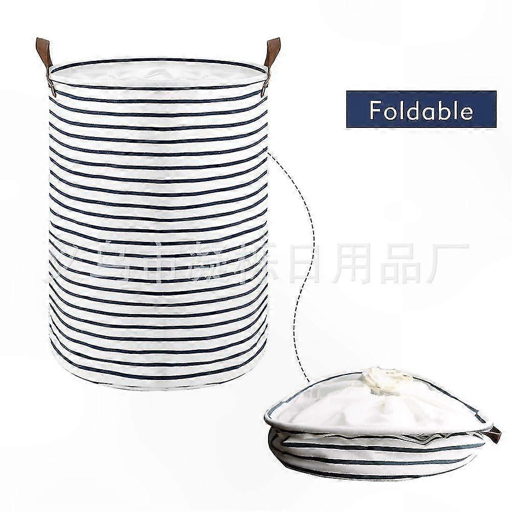Blue Stripe Foldable Laundry Basket with Drawstring for Clothes Storage and Organization
