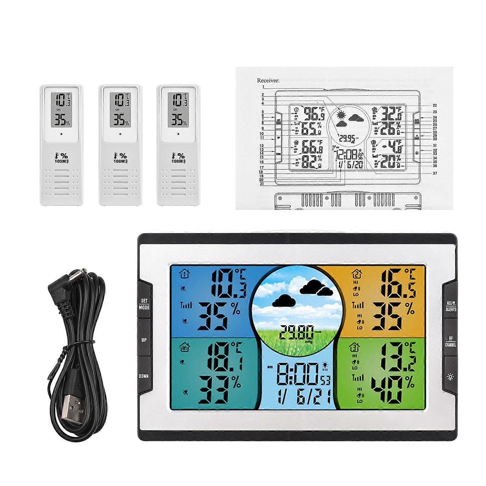Digital Weather Station with 3 Remote Sensors 328ft/ 100m Indoor Outdoor Temperature Humidity Monitor Alarm Clock with Snooze Thermohygrometer with We