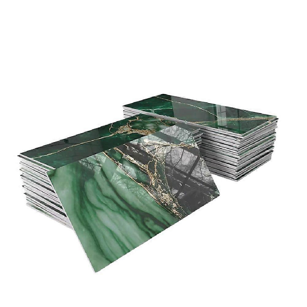 16Pcs Thick PET Glossy Subway Tile Sticker,4in X 8in Peel and Stick Backsplash Wall Tiles,Golden Veined Emerald Marble
