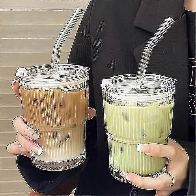 2-pack 400ml glazen beker met deksel en rietje, glazen smoothiebeker met rietje, verzegeld waterdicht ontwerp koffiebeker reisbeker, ijskoffiebeker, drinkbeker