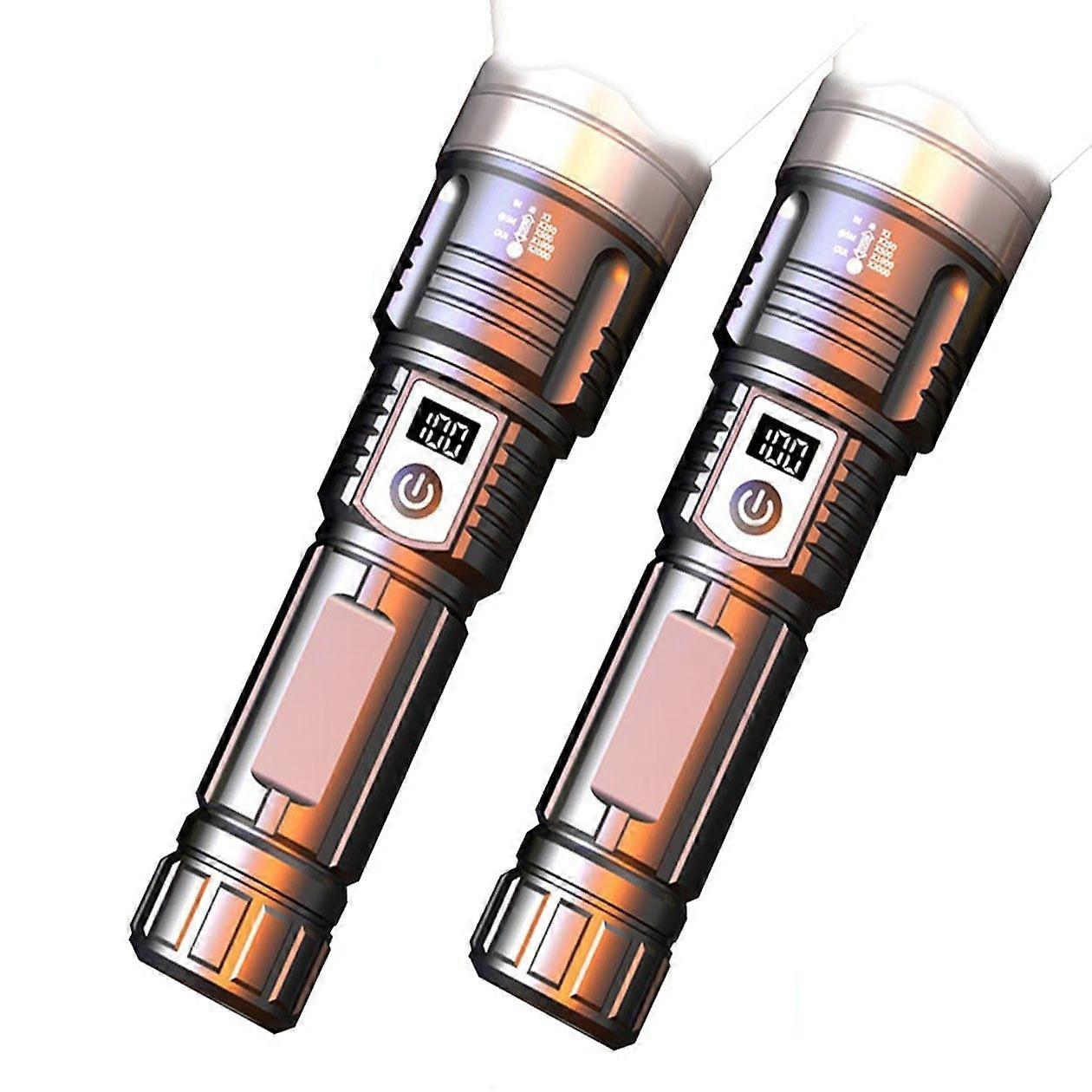 High Lumens Rechargeable LED Flashlights (2pcs), Tactical Flash Digital Power Indicator Flashlights, 3 Modes, Telescopic Zoom, Lightweight, for Emerge