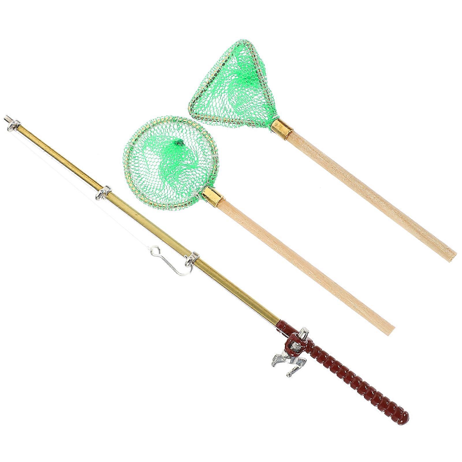 Miniature Fishing Rod and Net Models for Doll House 4Sets