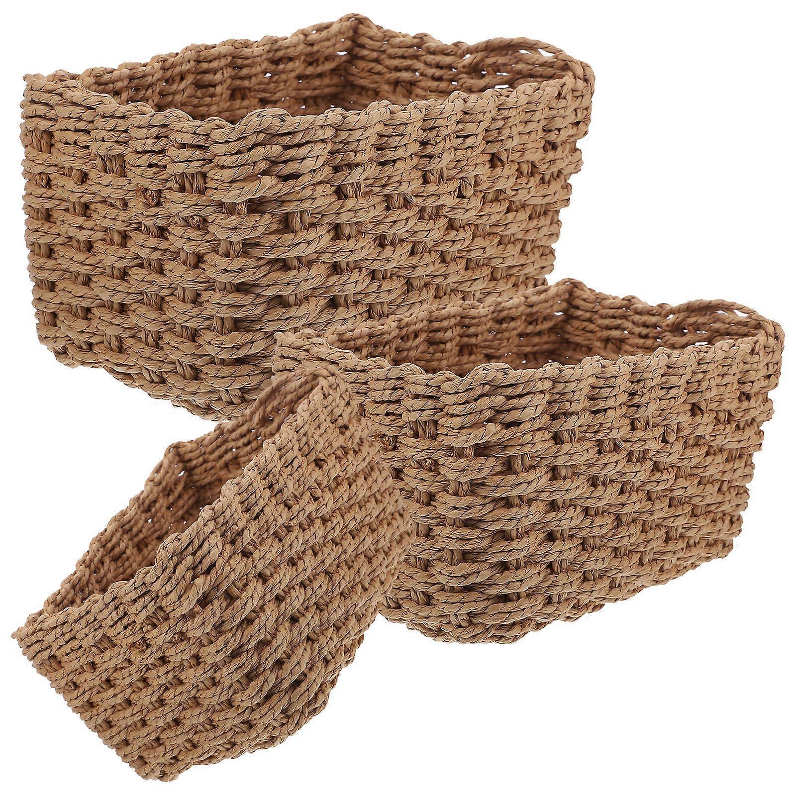 Coffee Color Straw Woven Storage Basket for Use 3Pcs
