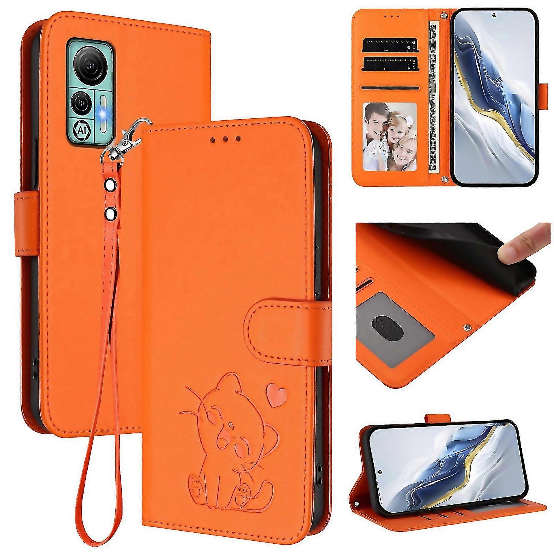 For Embossed Heart Cat Leather Phone Case With Hand Strap Suitable For Everyday Use