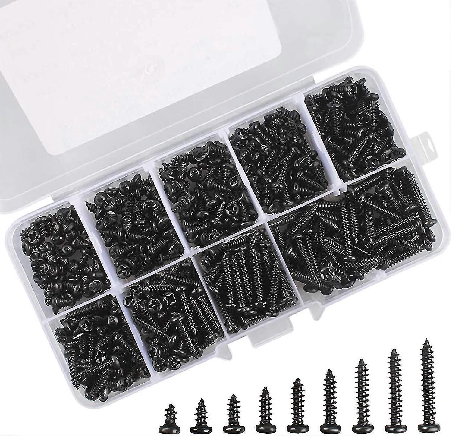 Black M3 Self Tapping Screw, 450 Packs Stainless Steel Round Head Self Tapping Screw For Soft Wood Metal 9 Specifications, With Plastic Box Un