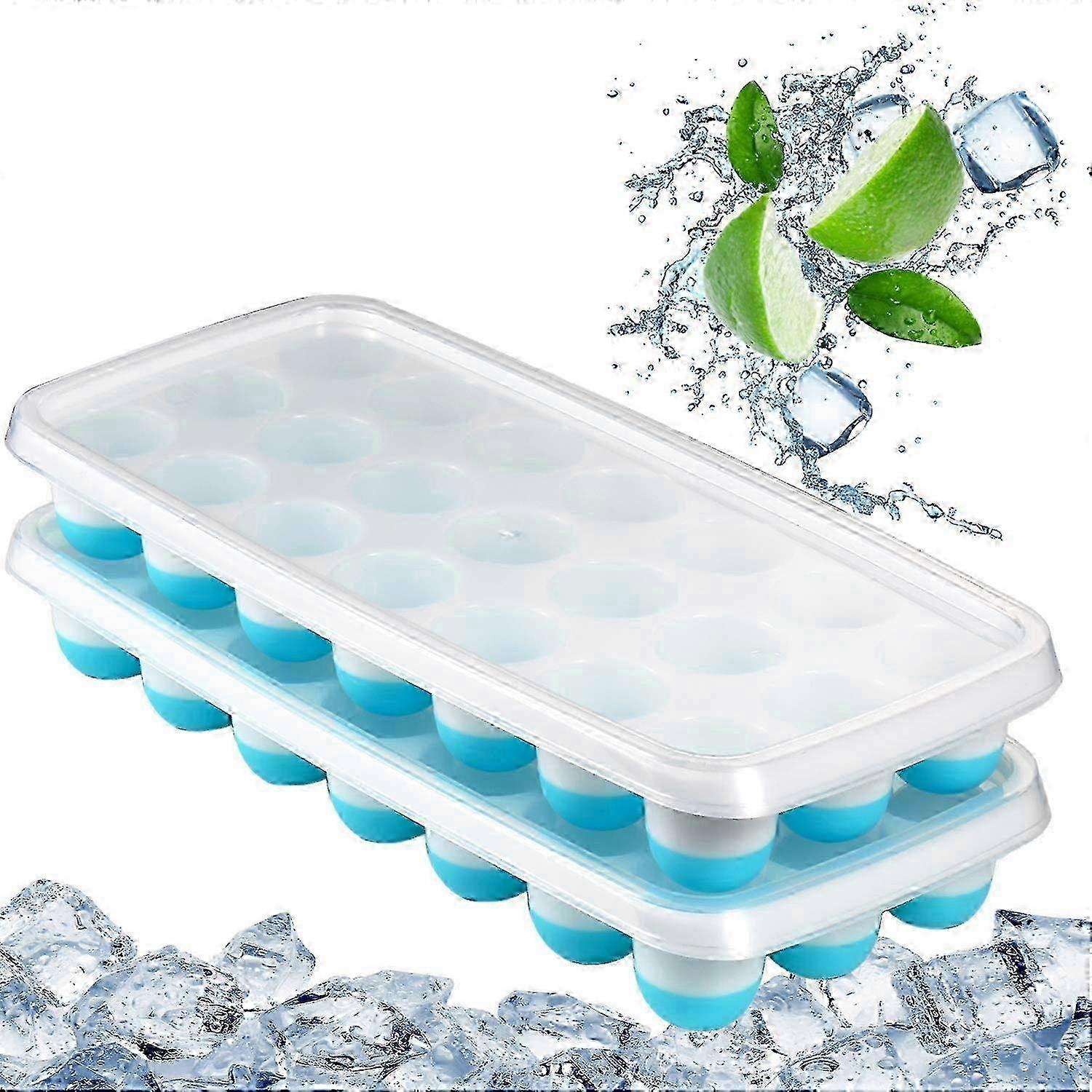 Ice Cube Trays Easy Release-Odor ,Spill Resistant Lid Included,2 Pack, Small Size, Stackable 42 Cubes,Silicone(Blue)