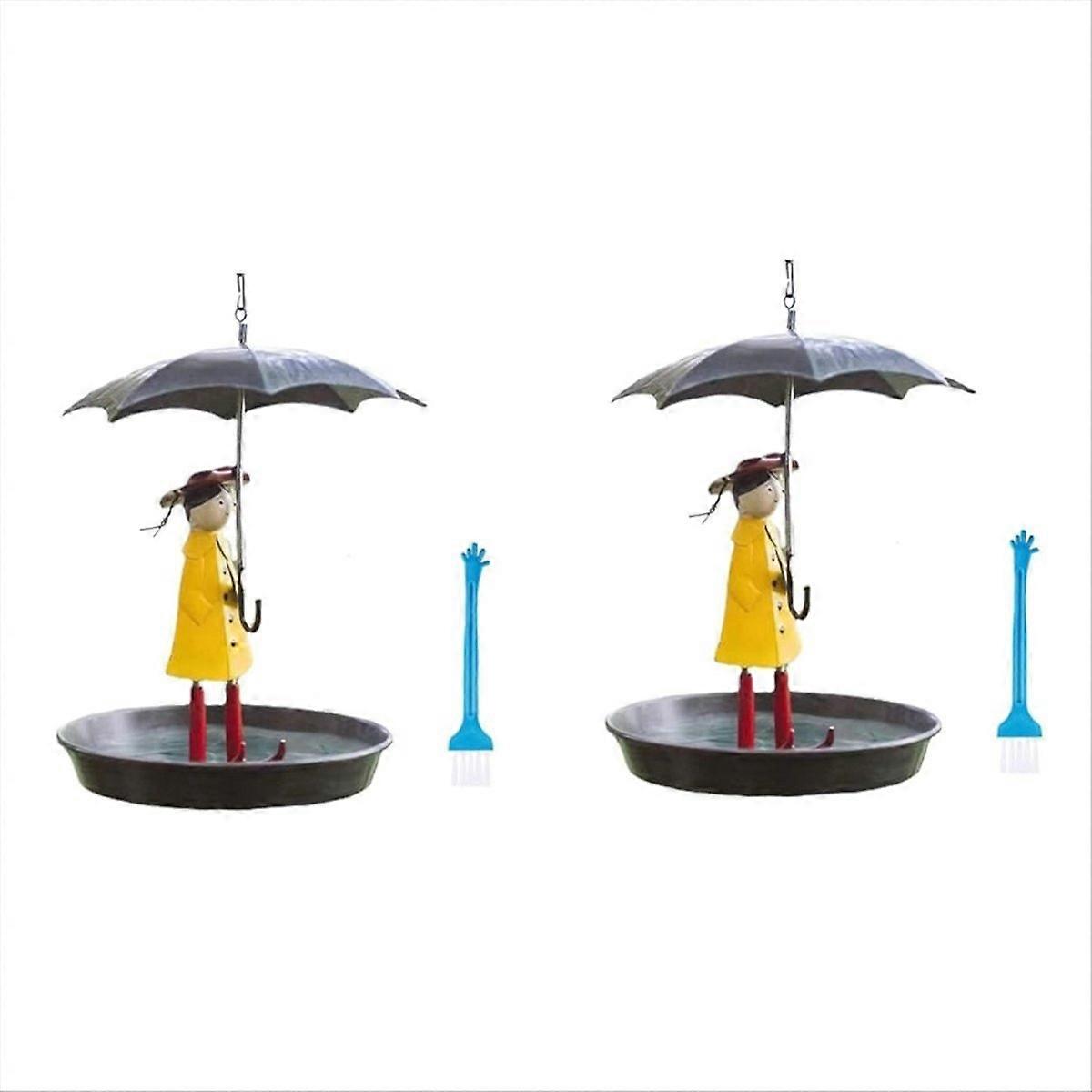 Outdoor hanging bird feeder set with chain and umbrella, with brush