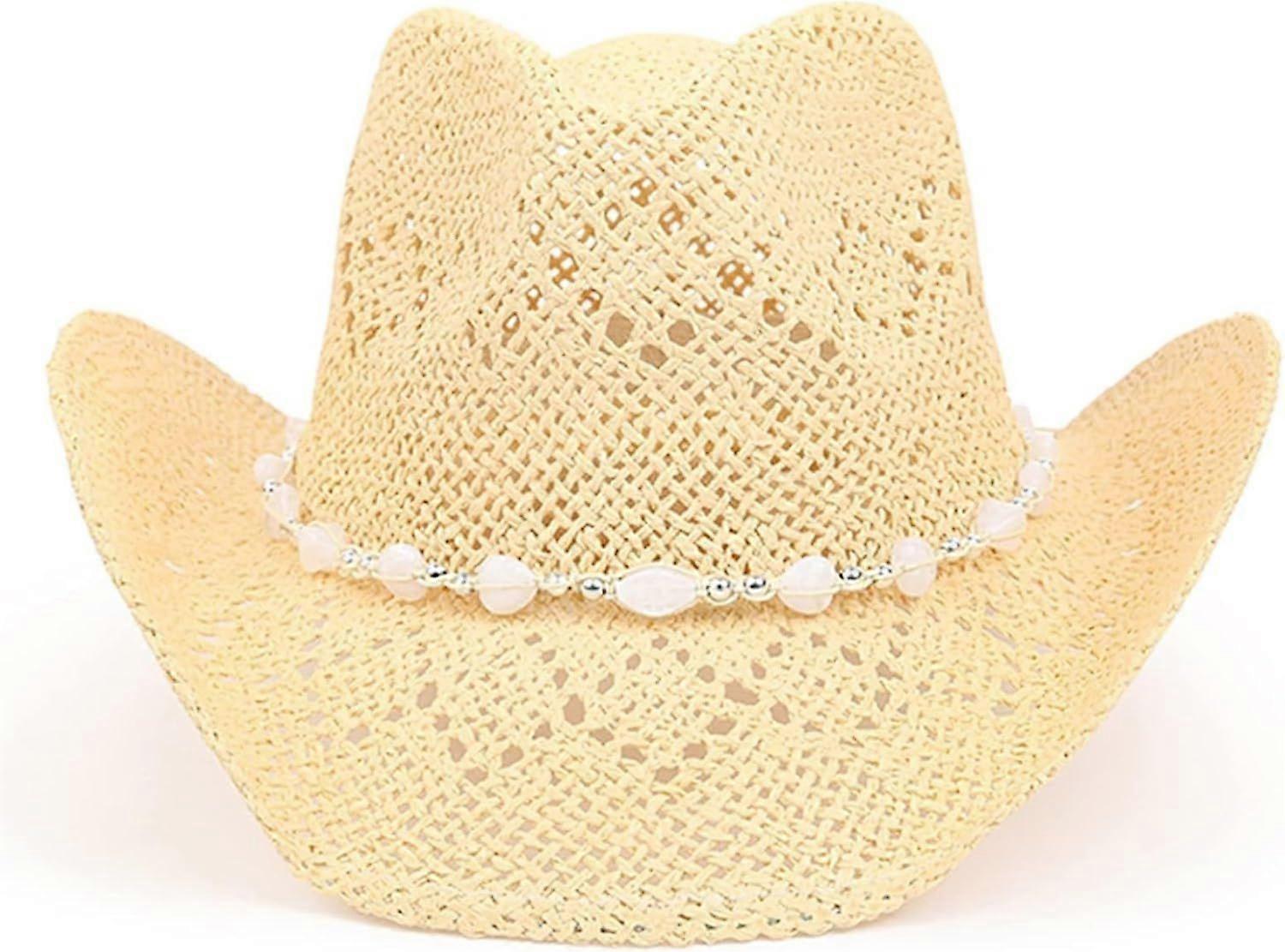 SeraphinaT Women's Beach Straw Cowboy Hat with Beaded Trim and Shapeable Brim
