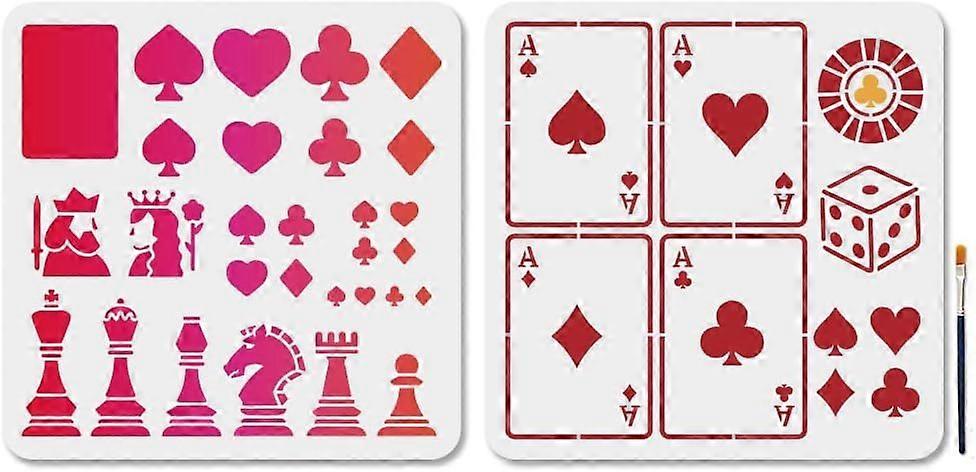 2Pcs Playing Cards Stencil Set Dice Chess Painting Stencils 11.811.8inch Reusable Poker King Queen Drawing Template with Paint Brush for Craft on Wind