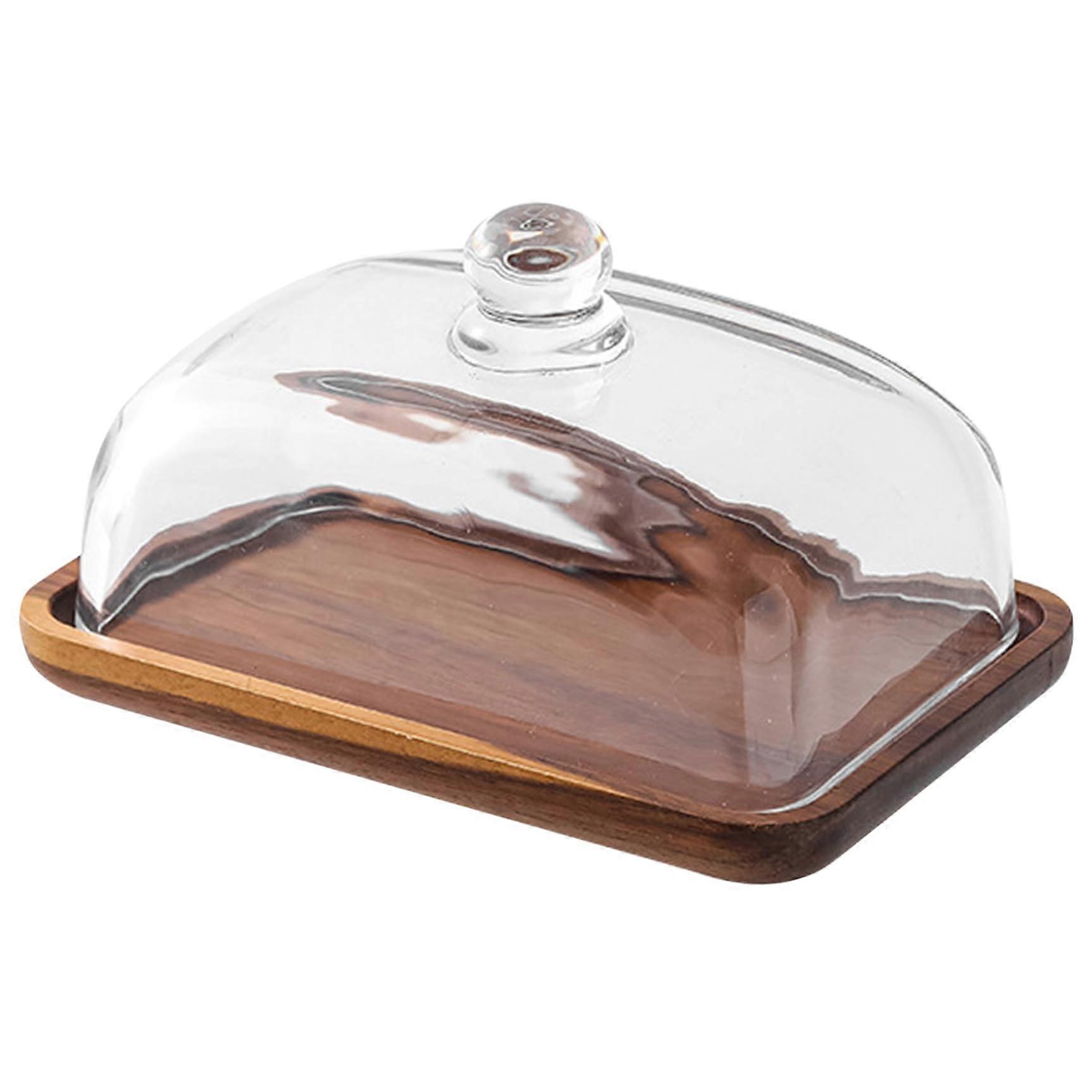Butter Dish with Lid Large Glass Container with Clear View and Wooden Base for Countertop or Fridge