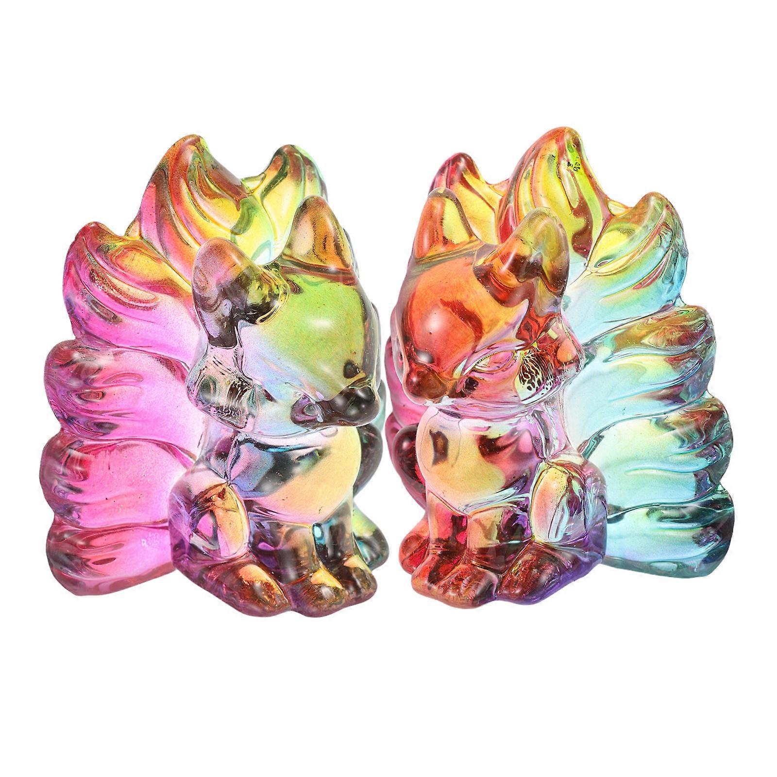 Fox Figurine Ornament Crystal Nine-Tailed Fox Statue for Home 2Pcs