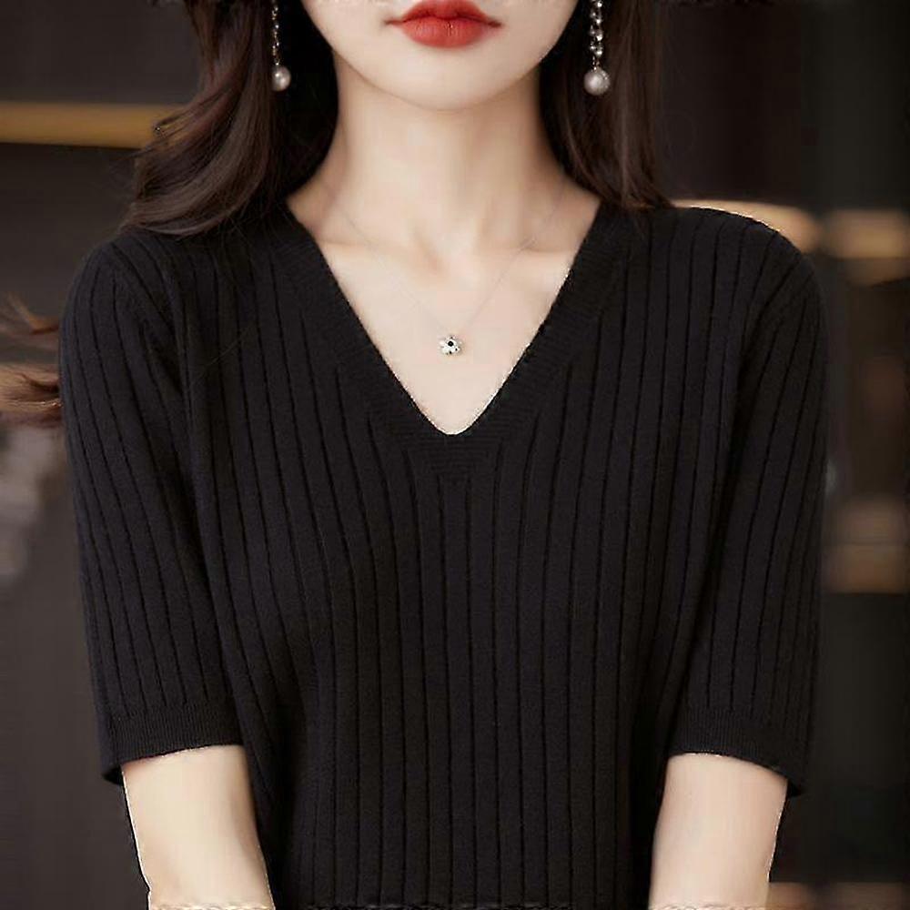 Women's Striped V-Neck Short Sleeve Pullover Sweater