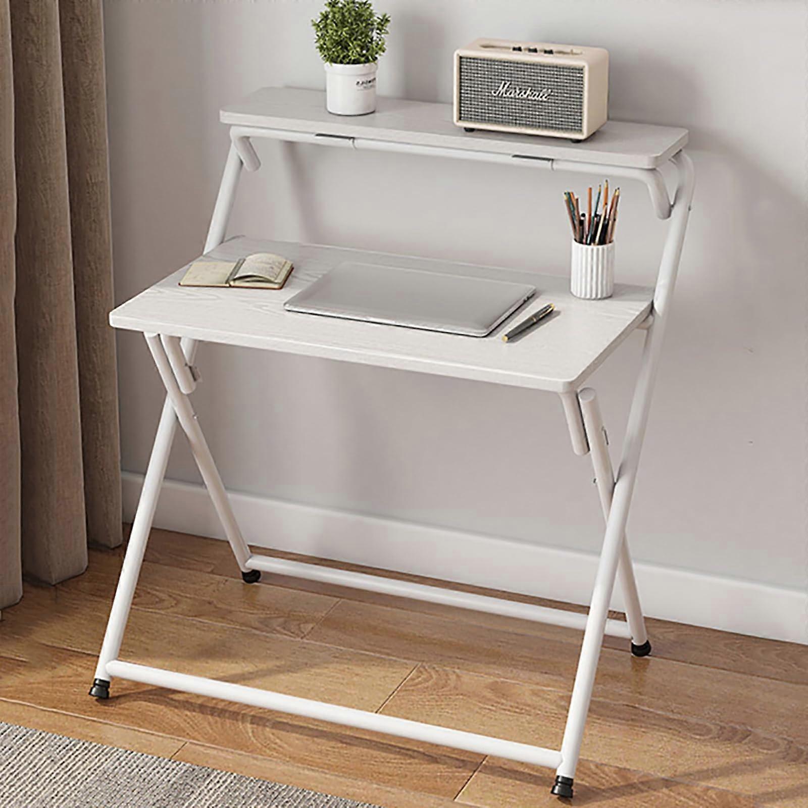 Folding Computer Desk with Shelves, SpaceSaving Compact Workstation for Home Office, White 50x80x74cm