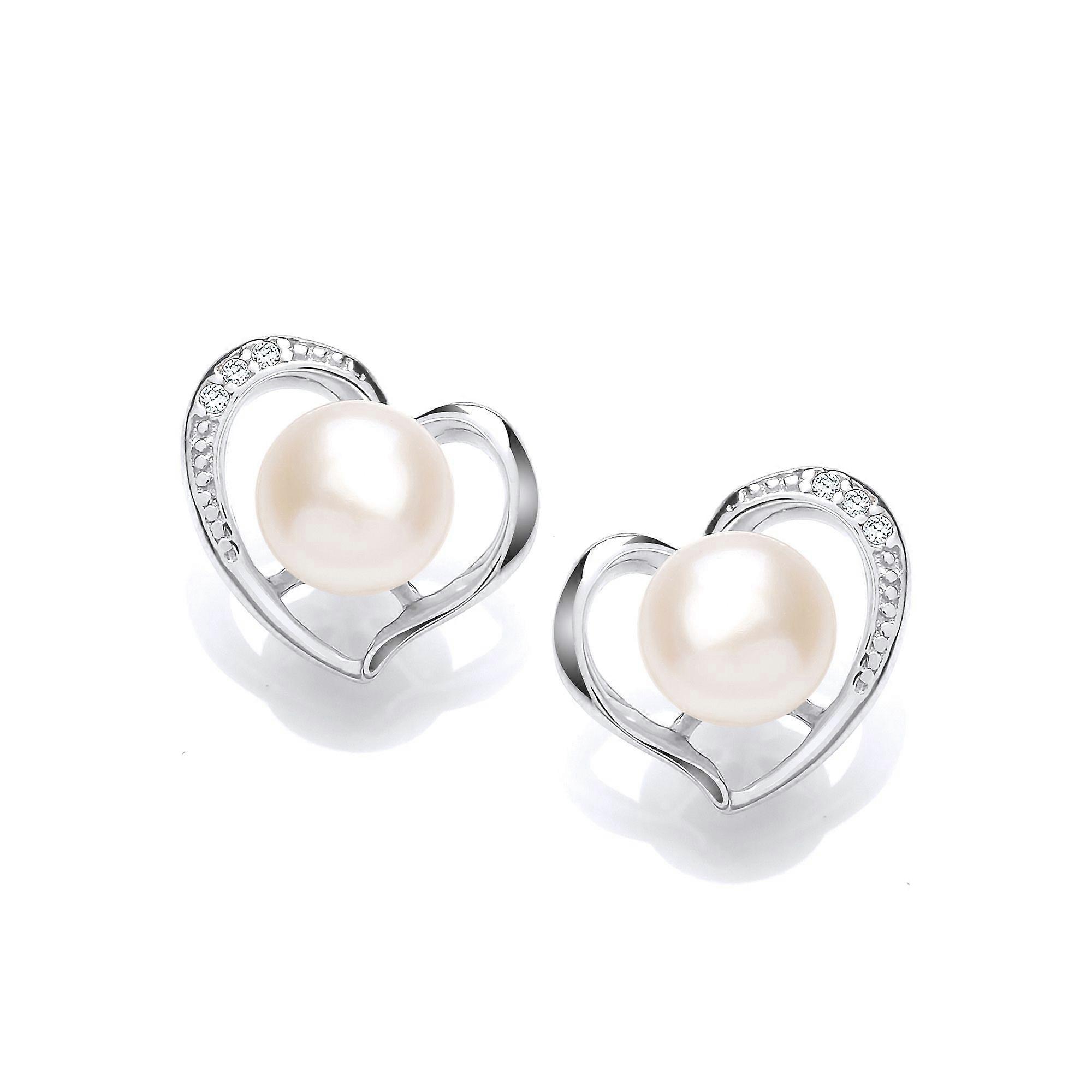 Jewelco London Ladies Sterling Silver Cubic Zirconia & Freshwater Cultured Pearl Full Moon Love Heart Stud Earrings 6mm