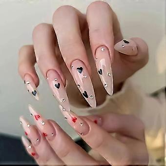 Glossy Almond Press on Nails with Rhinestones, Medium Acrylic Fake Nails for Women, 24 Piece Set